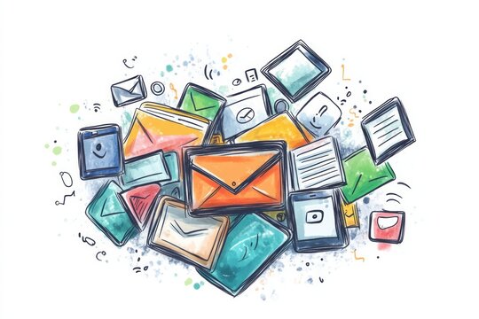 hand drawn colorful envelopes, Text Notifications, sketch illustration on white background, 