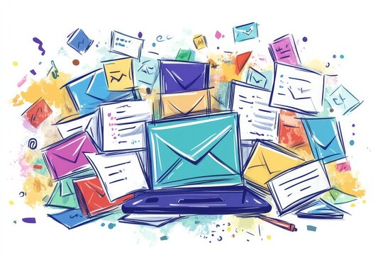 hand drawn colorful envelopes, Text Notifications, sketch illustration on white background, 