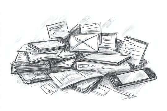 hand drawn colorful envelopes, Text Notifications, sketch illustration on white background, 