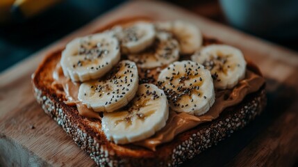 Poster - Delicious Toast with Banana Slices and Chia Seeds on Wooden Board