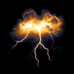 bright glowing thundercloud with intense yellow lightning bolts striking against a black background,