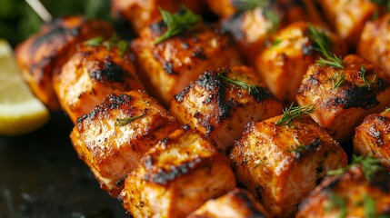 Sticker - Grilled Salmon Skewers with Fresh Herbs and Lemon Wedges