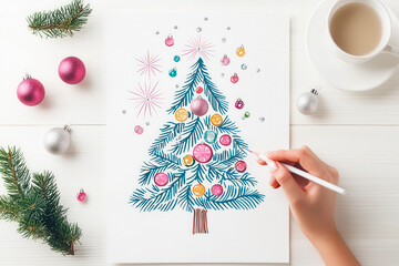 Poster - A person creates a festive Christmas tree illustration with vibrant decorations while enjoying a warm drink on a cozy surface
