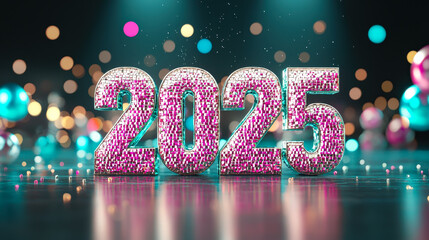 Poster - Decorative numbers showcasing 2025 sparkled brightly, surrounded by colorful lights creating a vibrant celebratory atmosphere