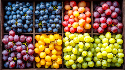Fototapete - Various types of grapes in vibrant colors are organized in a box, showcasing their freshness and diversity