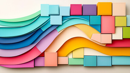 Fototapete - Brightly colored paper shapes create smooth waves and geometric patterns, adding a vibrant touch to a modern interior space