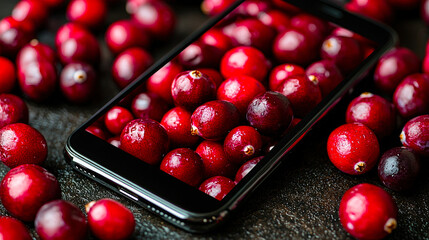 Poster - Vibrant red cranberries surround a smartphone that showcases an image of more cranberries, highlighting their freshness and color