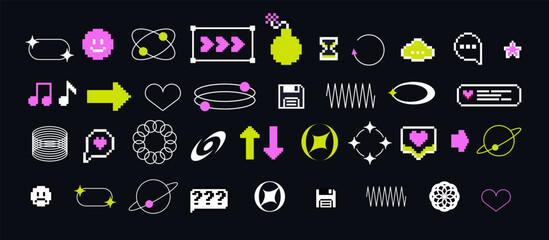 Fototapete - Pixels and geometric line elements set. Y2k trendy stickers. Mood of 90's aesthetics. 8-bit retro style vector illustration. Blue background. Simple geometric form, arrow, symbol, icon