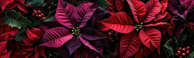 Poster - Bright red and deep purple poinsettia flowers bloom vibrantly alongside glossy green leaves, setting a cheerful tone for the holiday season and decorating a festive setting