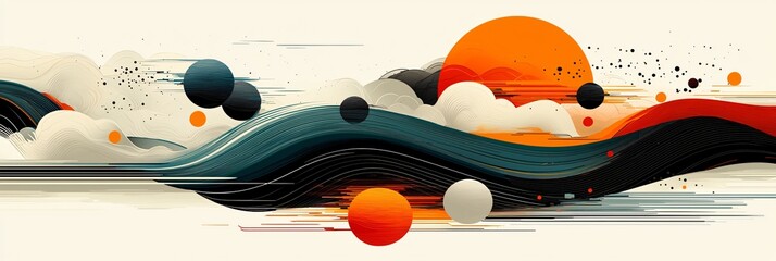 Poster - Colorful abstract vector design featuring wavy lines and vibrant spheres on a light background