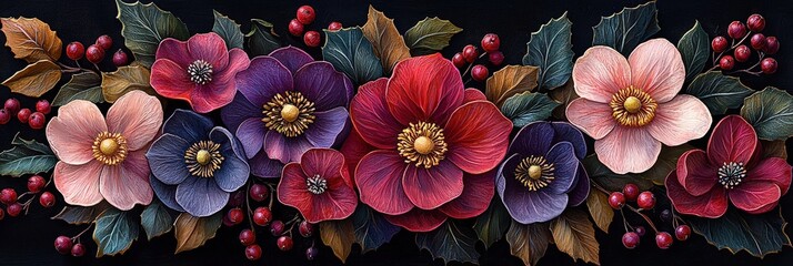 Poster - An elaborate arrangement showcasing a variety of blossoms in shades of red, purple, and pink, complemented by deep green leaves and vibrant berries. The dark background enhances the colors