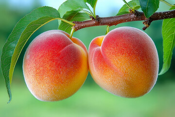 Poster - Two ripe peaches with a soft fuzz rest on a branch, illuminated by warm sunlight, showcasing their vibrant colors and freshness