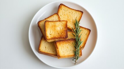 Poster - Freshly Toasted Bread Slices on White Plate with Rosemary Garnish