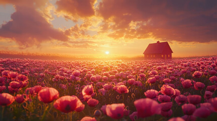Poster - A tranquil sunset casts warm hues over a vibrant field of poppies surrounding a small house in the countryside