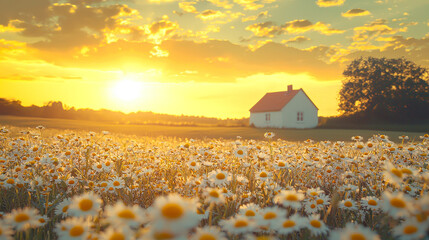 Poster - Sunset light illuminates a field of daisies, while a charming house stands in the background, creating a serene countryside atmosphere