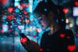 © River Girl - A modern woman interacts with her mobile phone, surrounded by digital icons like hearts, likes, notifications, and app symbols, symbolizing connectivity in the digital age.