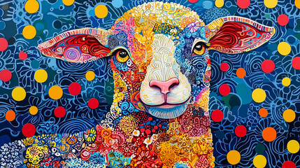 Fototapete - A sheep is depicted with intricate patterns and bright colors, surrounded by bold dots against a deep blue backdrop
