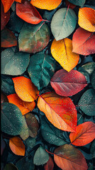Poster - Multicolored leaves display vibrant hues while droplets of water rest gently on their surfaces in a serene autumn setting