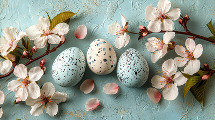 Aufkleber - Speckled eggs in blue and white are thoughtfully arranged with cherry blossoms and petals on a textured light blue background