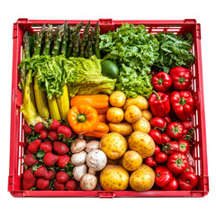 Poster - Colorful array of fresh vegetables and fruits arranged neatly in a red crate, showcasing greens, peppers, potatoes, and ripe strawberries