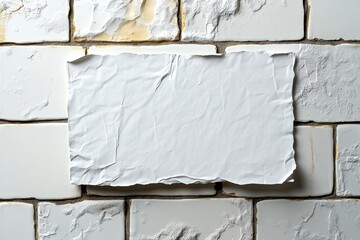 Wall Mural - wrinkled white paper attached to textured tiled wall