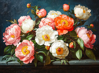 Poster - This arrangement features a stunning display of pink and white peonies, beautifully layered against a deep background, celebrating spring\'s vibrant colors and textures