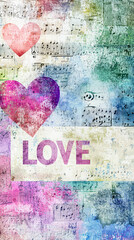 Poster - Hearts in shades of pink and purple are surrounded by a colorful background featuring musical notes, conveying a joyful and romantic theme