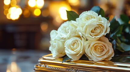 Poster - A beautiful arrangement of white roses rests on a decorative table, surrounded by warm, ambient light, creating a serene and inviting atmosphere