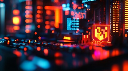 Poster - A close-up view of a computer motherboard illuminated with vibrant neon lights.