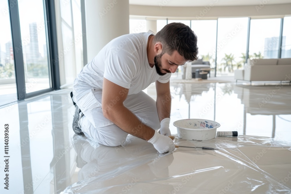 A professional painter is focused on applying a fresh coat of paint to ...