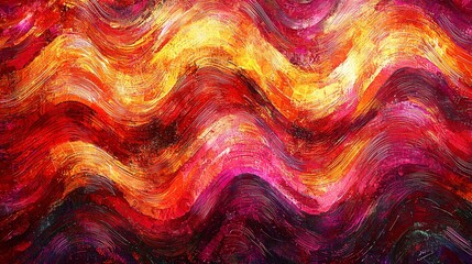 Poster - Groovy waves and zigzag patterns in vibrant sunset shades of red, orange, and yellow