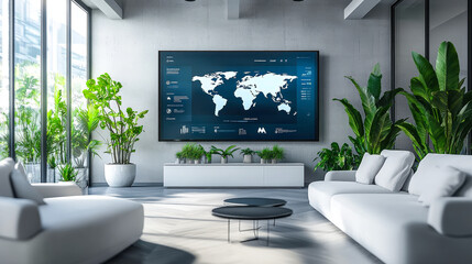 Poster - A spacious living area featuring a stylish sofa arrangement, a large screen showing a world map, and vibrant greenery creating a serene atmosphere