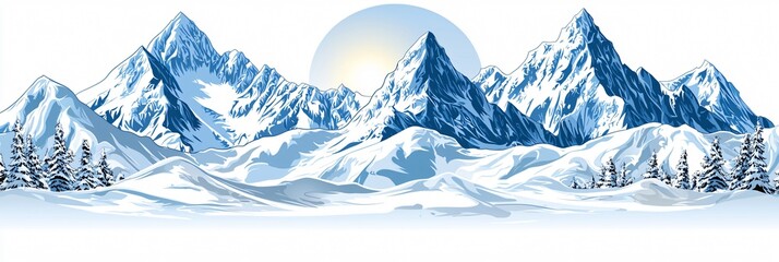 Naklejka na meble Snowy mountains with a bright sun rising above the crisp landscape in a minimalist design