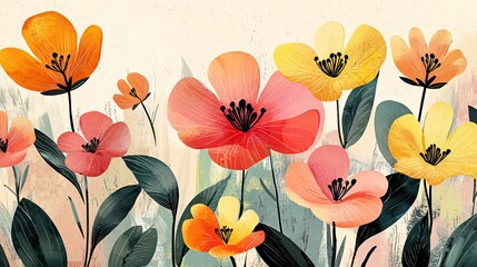 Poster - Bright minimalist floral vector design featuring vibrant blooms and lush foliage