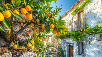 Poster - Bright citrus trees laden with ripe fruit create a colorful contrast against a rustic house in a peaceful village setting