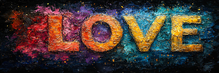 Poster - An artistic depiction of the word love, featuring bold colors and textured patterns on a dark, abstract background
