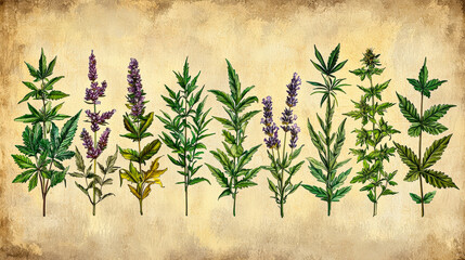 Poster - Multiple herbal plants with different shapes and colors are arranged together, highlighting their unique features on a soft background