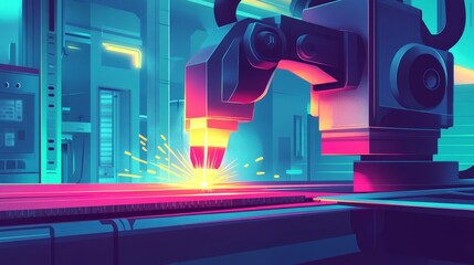 Poster - A futuristic industrial scene featuring a robotic arm welding with bright spark.