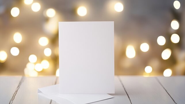One white greeting card mockup standing upright on a white wooden desk Blank closed card template with envelope, background blurry