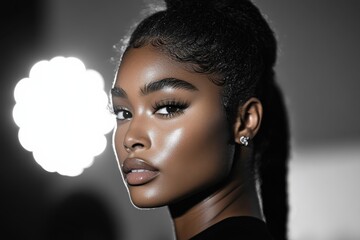 this stunning portrait captures a model's mesmerizing features, accentuated by dramatic backlighting