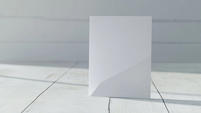 One white greeting card mockup standing upright on a white wooden desk Blank closed card template with envelope