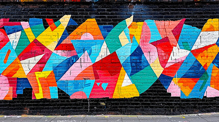 Poster - A large mural bursts with bold colors and geometric patterns on a brick wall, brightening the urban landscape in daylight