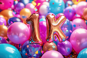 Poster - A shiny 1K balloon stands out among an array of colorful balloons and scattered confetti, capturing the essence of a joyful celebration