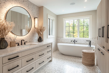 Poster - A beautifully designed bathroom showcases a freestanding tub, elegant countertops, and natural elements, creating a tranquil atmosphere
