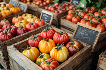 Poster - Vibrant tomatoes in different colors and sizes are artistically arranged in wooden crates at a bustling farmers market