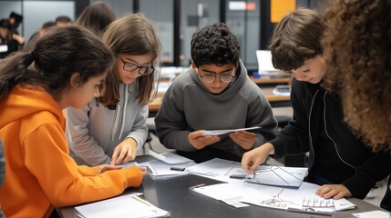 Poster - students collaborate on science project in modern classroom during afternoon study session