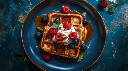 Wall Mural - Delicious Homemade Waffles Topped with Berries and Whipped Cream