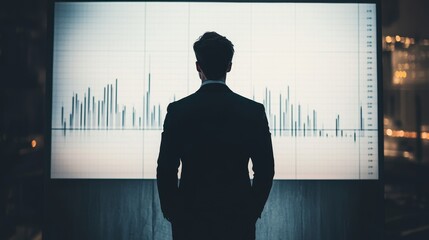  - A man in a suit observes a data graph on a screen, reflecting a business analysis environment.