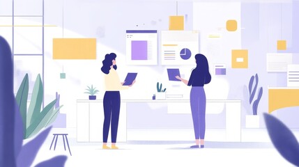 Poster - Two women discussing data in a modern office environment with plants and digital displays.