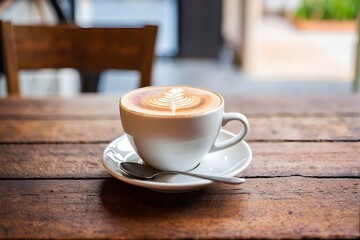 Wall Mural - Close-up of latte art coffee on a wooden table with copy space, blurred cozy cafe background